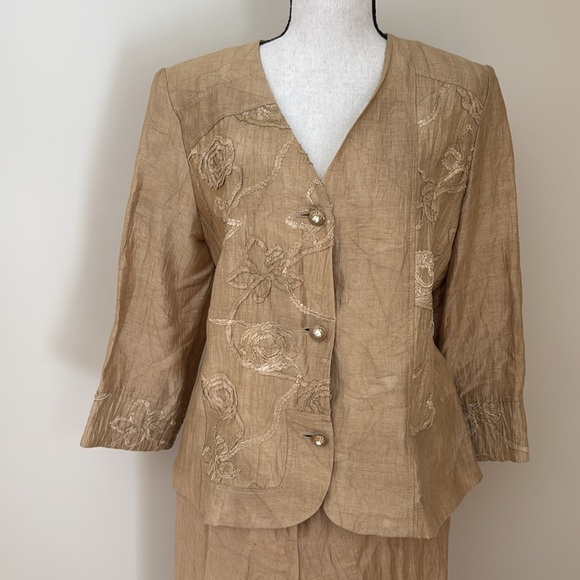 Un Jour Ailleurs Linen Blend Pant Suit Jacket Blazer Gold Metallic US 12 - Picture 2 of 12